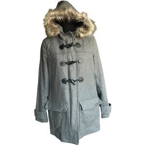 Vintage Y2K Old Navy Gray Wool Peacoat Coat Toggle Zip Women Fur Hooded Small